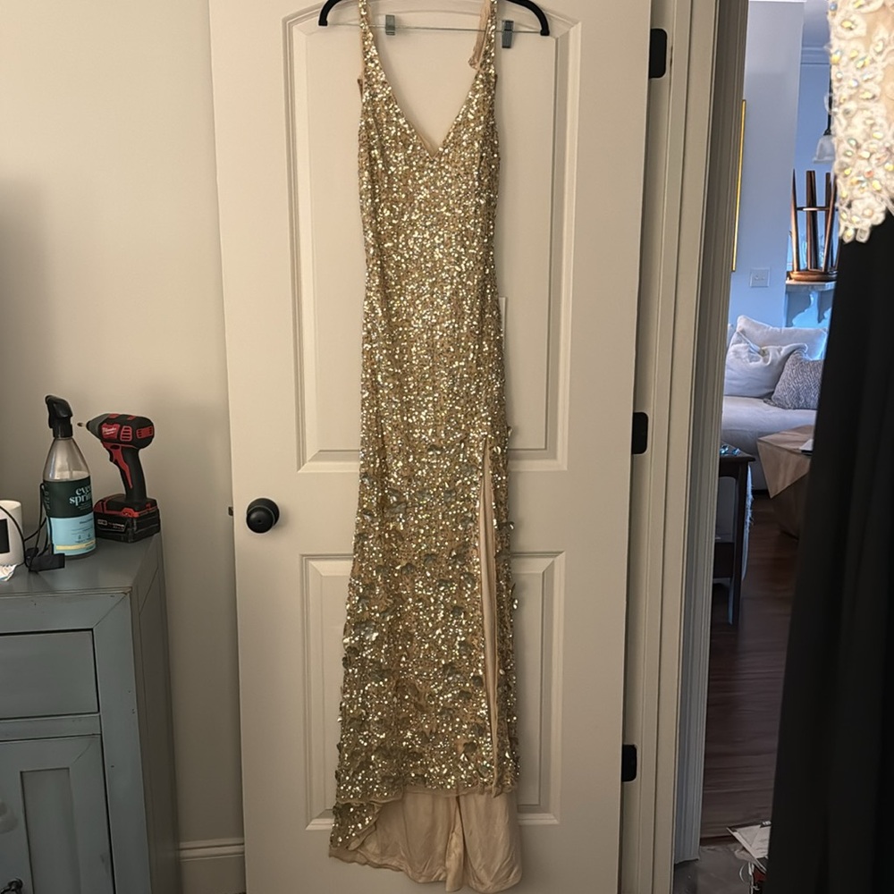 Mac Duggal 93800 Elegant Gold Sequin Gown - Picture 4 of 7